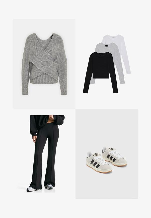 Szary sweter o luźnym kroju z głębokim dekoltem w kształcie litery V, długimi rękawami i prążkowaną teksturą. Wykonany z miękkiego materiału dzianinowego z warstwowym, asymetrycznym wzorem.; Trzy bluzki z długim rękawem ułożone jedna na drugiej: czarna, szara i biała. Każda z okrągłym dekoltem i skróconym fasonem, wykonana z gładkiego, lekkiego materiału.; Czarne rozszerzane spodnie z wysokim stanem i bocznymi szwami. Wykonane z elastycznego materiału, mają gładką fakturę. Połączone z butami sportowymi.; Szare zamszowe trampki z białymi sznurówkami, czarnymi paskami i białą gumową podeszwą. Posiadają okrągłe logo na języku oraz gumową podeszwę.