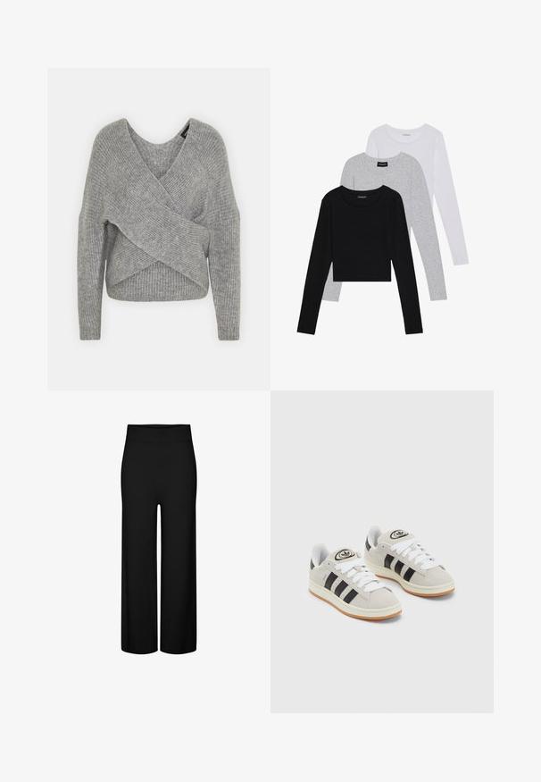 Grå omslagssweater med dyp V-hals, lange ermer og ribbestruktur. Laget av et mykt strikket materiale med et lagdelt, asymmetrisk design.; Tre lange ermer t-skjorter stablet: svart, grå og hvit. Hver har en rund hals og et kort design med glatt, lett stoff.; Sorte vide benbukser med en elastisk midjebånd, med en glatt tekstur og ingen synlige mønstre eller detaljer.; Grå semsket sneakers med hvite lisser, svarte striper og en hvit gummisåle. Har en sirkulær logo på tungen og en gummisåle.