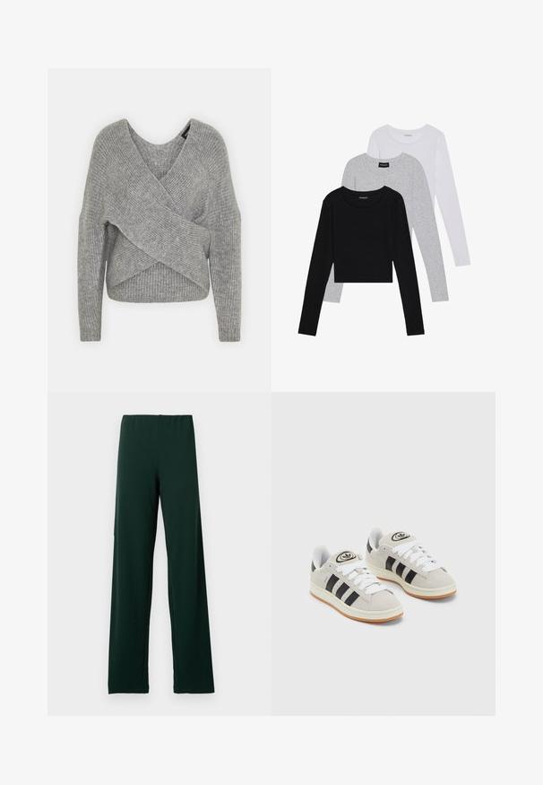 Szürke, mély V kivágású, hosszú ujjú kötött pulóver, bordás textúrával. Puha kötött anyagból készült, réteges, aszimmetrikus dizájnnal.; Három hosszú ujjú póló egymásra rakva: fekete, szürke és fehér. Mindegyiknek kerek nyaka van, és rövidített fazonnal rendelkezik, sima, könnyű anyagból készült.; Sötétzöld, könnyű, rugalmas nadrág, derékpánttal és széles lábakkal. Simaszerkezetű anyagból készült, látható minták vagy fémalkatrészek nélkül.; Szürke velúr sportcipők fehér fűzővel, fekete csíkokkal és fehér gumitalppal. A nyelvén kör alakú logó található, illetve a talpa színes gumi.