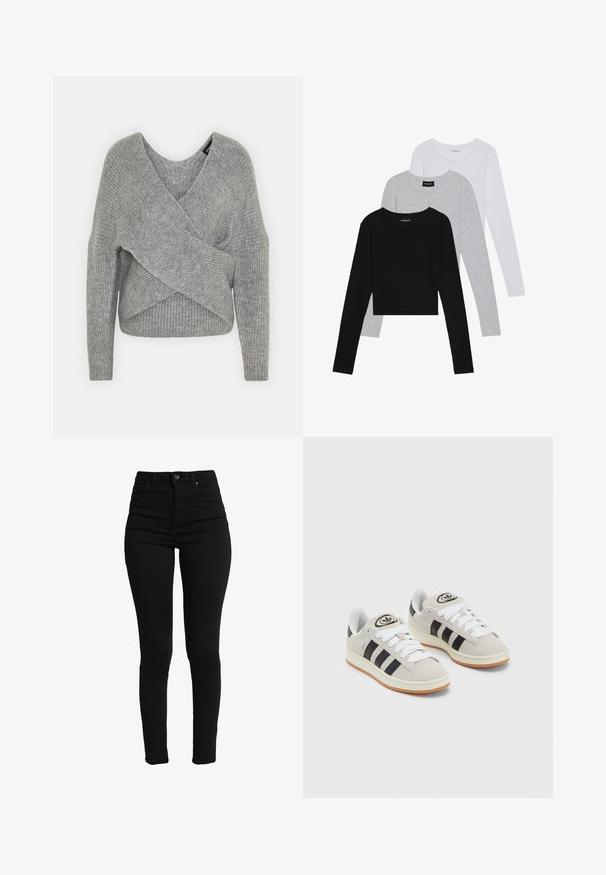Gray wrap sweater with a deep V-neck, long sleeves, and ribbed texture. Made from a soft knit material with a layered, asymmetrical design.; Three long-sleeve tops stacked: black, grey, and white. Each has a round neckline and a cropped design with smooth, lightweight fabric.; Black high-waisted skinny jeans made of stretch denim, featuring a front button, zip fly, and five pockets for functionality.; Gray suede sneakers with white laces, black stripes, and a white rubber sole. Features a circular logo on the tongue and a gum sole.