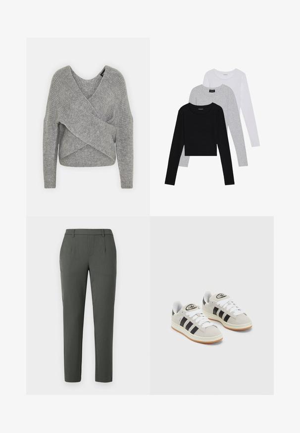 Pull en gris avec un col en V profond, des manches longues et une texture côtelée. Fabriqué en matériau tricoté doux avec un design asymétrique superposé.; Trois hauts à manches longues empilés : noir, gris et blanc. Chacun a un col rond et un design court avec un tissu lisse et léger.; Pantalon vert foncé avec une coupe ajustée, doté de deux poches latérales, d'une braguette zippée et de détails de pli pour un design structuré.; Baskets en suède gris avec des lacets blancs, des rayures noires et une semelle en caoutchouc blanc. Présentent un logo circulaire sur la languette et une semelle en gomme.