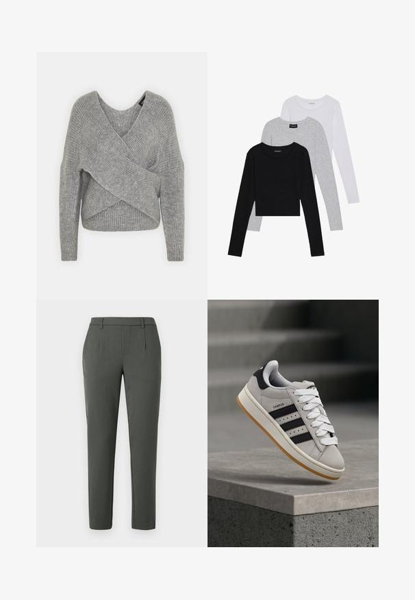 Grå indpakningssweater med dyb V-udskæring, lange ærmer og ribbet tekstur. Fremstillet i et blødt strikkemateriale med et lagdelt, asymmetrisk design.; Tre langærmede toppe stablet: sort, grå og hvid. Hver har en rund halsudskæring og et cropped design med glat, let stof.; Mørkegrønne bukser med skræddersyet pasform, der har to sidelommer, lynlås, og lægdetaljer for en struktureret design.; Grå Adidas Campus-sneaker med sorte striber og hvide snørebånd, der svæver over en betonkant med trapper i baggrunden.