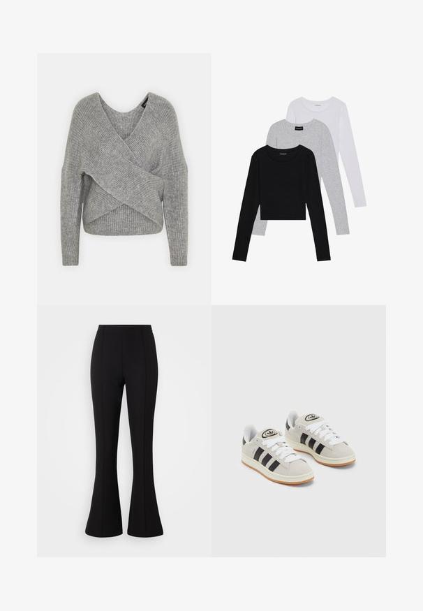 Sivý cardigan s hlbokým V- výstrihom, dlhými rukávmi a rebrovanou textúrou. Vyrobený z mäkkého pleteného materiálu s viacvrstvovým, asymetrickým dizajnom.; Tričko s dlhým rukávom v troch farbách: čiernej, sivej a bielej. Každé má okrúhly výstrih a skrátený strih vyrobený z hladkej, ľahkej tkaniny.; Čierne zvonové nohavice vyrobené z elastického materiálu, s hladkou textúrou, vysokým pásom a švovými detailami vpredu.; Sivé semišové tenisky s bielymi šnúrkami, čiernymi pruhmi a bielou gumovou podrážkou. Obsahujú okrúhly logo na jazyku a gumenú podrážku.