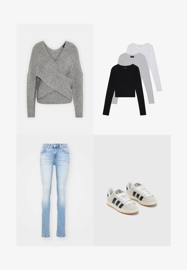 Siva omotana vestica s dubokim V-izrezom, dugim rukavima i rebrastom teksturom. Izrađena od mekog pletenog materijala s slojevitim, asimetričnim dizajnom.; Tri dugih rukava posložena: crna, siva i bijela. Svaka ima okrugli izrez i skrateni kroj s glatkom, laganom tkaninom.; Svijetloplave uske traperice, srednjeg struka, sa pet džepova i suptilnim izblijedjelim dijelovima na bedrom i koljenima.; Sive suede tenisice s bijelim vezicama, crnim prugama i bijelim gumiranim potplatom. Imaju kružni logo na jeziku i gumeni potplat.