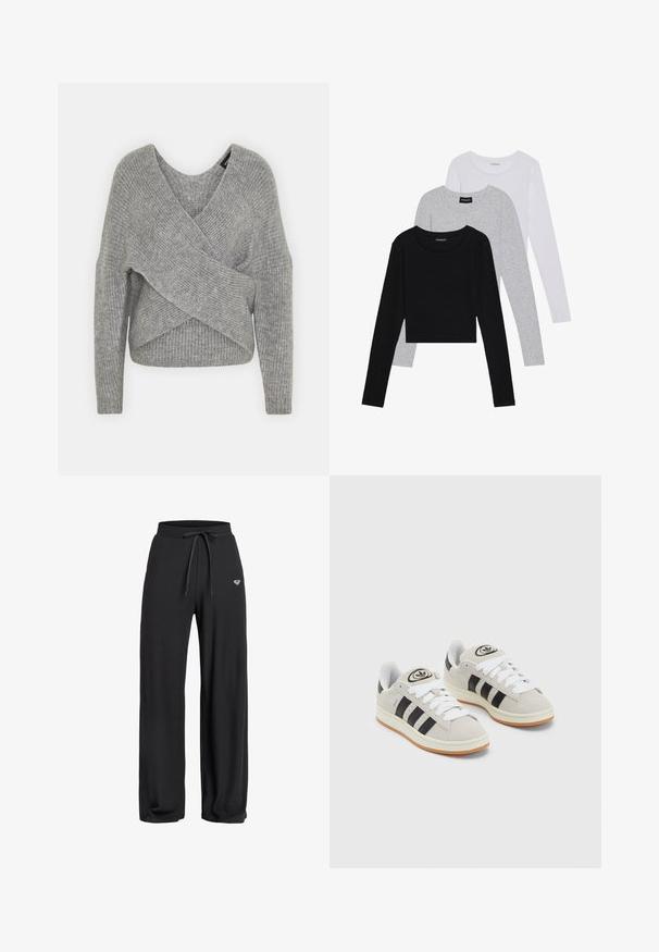 Siva omotana vestica s dubokim V-izrezom, dugim rukavima i rebrastom teksturom. Izrađena od mekog pletenog materijala s slojevitim, asimetričnim dizajnom.; Tri dugih rukava posložena: crna, siva i bijela. Svaka ima okrugli izrez i skrateni kroj s glatkom, laganom tkaninom.; Crne rebraste hlače širom nogavica s elastičnim pojasom i šnurlom, s malim logom na prednjoj strani. Glatka tekstura.; Sive suede tenisice s bijelim vezicama, crnim prugama i bijelim gumiranim potplatom. Imaju kružni logo na jeziku i gumeni potplat.