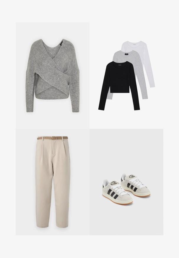 Sivý cardigan s hlbokým V- výstrihom, dlhými rukávmi a rebrovanou textúrou. Vyrobený z mäkkého pleteného materiálu s viacvrstvovým, asymetrickým dizajnom.; Tričko s dlhým rukávom v troch farbách: čiernej, sivej a bielej. Každé má okrúhly výstrih a skrátený strih vyrobený z hladkej, ľahkej tkaniny.; Bežové nohavice na mieru s prednými záhybmi, hnedým opaskom a kulatou prackou. Tkanina vyzerá hladko s rovnými nohavicami.; Sivé semišové tenisky s bielymi šnúrkami, čiernymi pruhmi a bielou gumovou podrážkou. Obsahujú okrúhly logo na jazyku a gumenú podrážku.