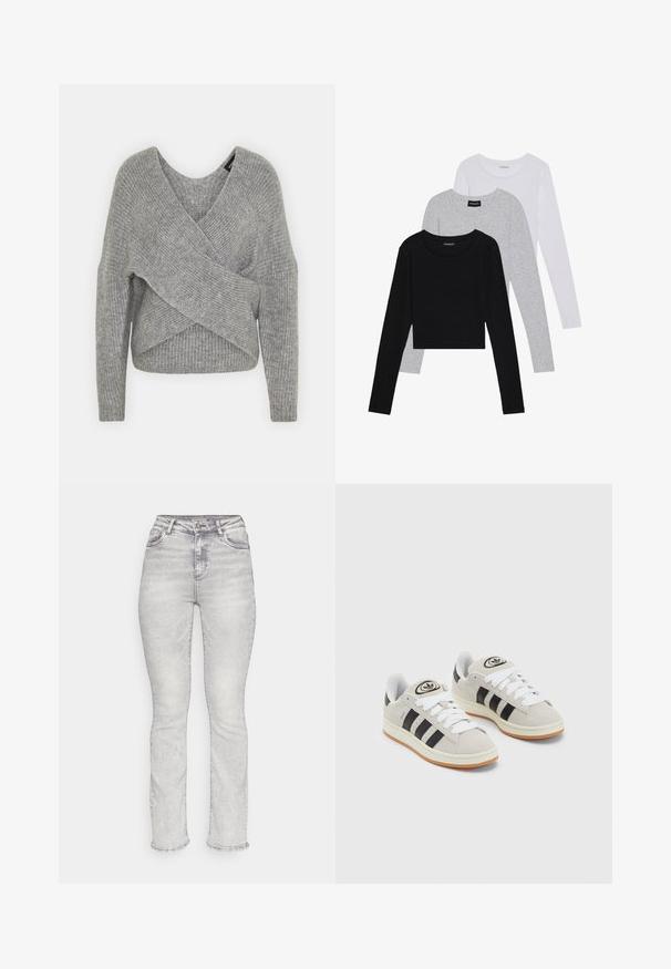 Pull en gris avec un col en V profond, des manches longues et une texture côtelée. Fabriqué en matériau tricoté doux avec un design asymétrique superposé.; Trois hauts à manches longues empilés : noir, gris et blanc. Chacun a un col rond et un design court avec un tissu lisse et léger.; Jean en denim gris clair avec une taille haute, une coupe droite, un design à cinq poches et des détails de décoloration subtils sur l'ensemble du tissu.; Baskets en suède gris avec des lacets blancs, des rayures noires et une semelle en caoutchouc blanc. Présentent un logo circulaire sur la languette et une semelle en gomme.