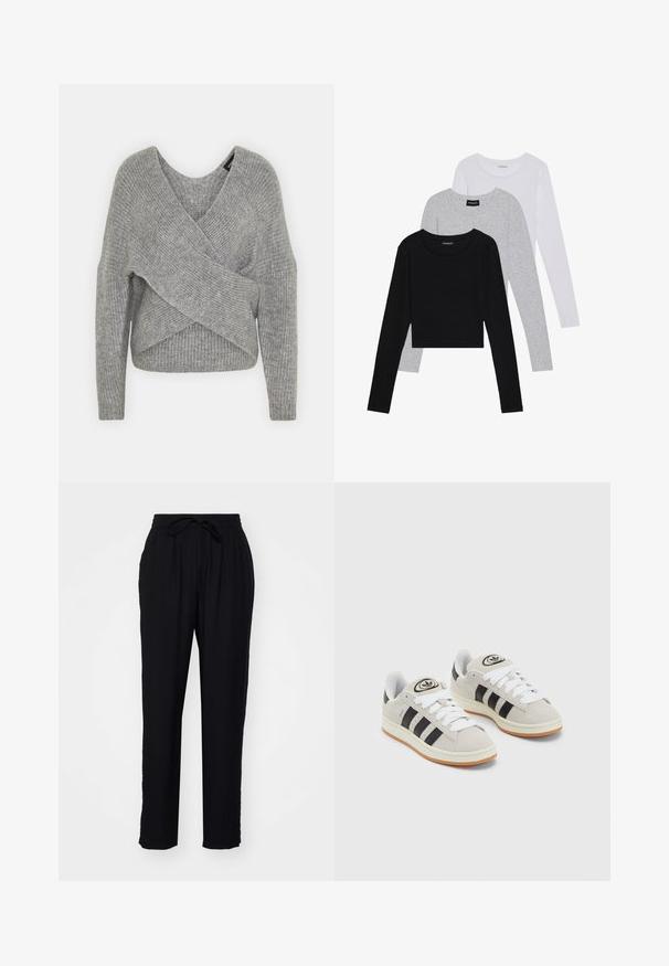 Grå omslagssweater med dyp V-hals, lange ermer og ribbestruktur. Laget av et mykt strikket materiale med et lagdelt, asymmetrisk design.; Tre lange ermer t-skjorter stablet: svart, grå og hvit. Hver har en rund hals og et kort design med glatt, lett stoff.; Svarte bukser med avslappet passform, elastisk midje og snor. Laget av lett materiale, med rette ben og ingen lommer.; Grå semsket sneakers med hvite lisser, svarte striper og en hvit gummisåle. Har en sirkulær logo på tungen og en gummisåle.