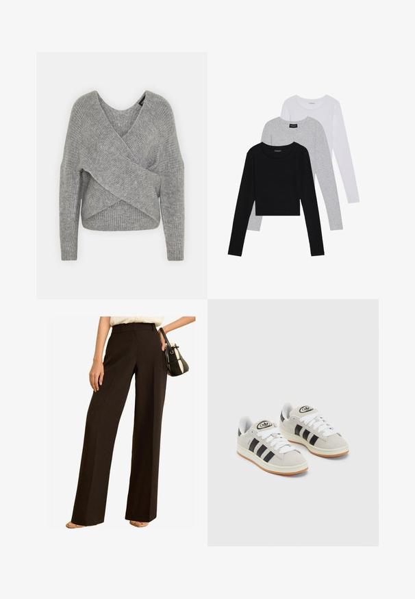 Pelēka apvalka džemperis ar dziļu V veida kakla izgriezumu, garām piedurknēm un ribu tekstūru. Izgatavots no mīksta adījuma materiāla ar slāņotu, asimetrisku dizainu.; Trīs garām piedurknēm veidotas augšdaļas, sakrautās: melna, pelēka un balta. Katram ir noapaļots kakla izgriezums un īsa dizaina forma ar gludu, vieglu audumu.; Plati staro bikses tumši brūnā audumā, ar augstu jostasvietu, pielāgotu dizainu un gludu tekstūru. Apvienotas ar mazu rokassomu.; Pelēkas zamšādas kedas ar baltām saites, melnām svītrām un baltu gumijas zoli. Raksturīga apļa logo uz mēles un gumijas zole.