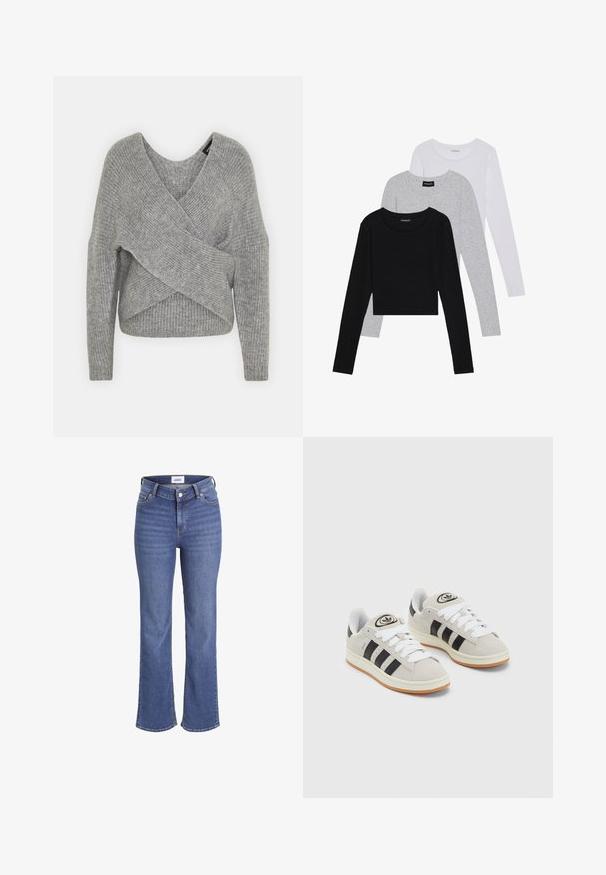 Siva ovitek pulover z globokim V-izrezom, dolgimi rokavi in ribasto teksturo. Narejen iz mehke pletene tkanine z plastnim, asimetričnim dizajnom.; Tri dolga rokava zložena: črna, siva in bela. Vsaka ima okroglo izreznico in skrajšan dizajn z gladkim, lahkotnim materialom.; Temno modri jeans s visokim pasom, širokimi nogami in tradicionalnim petim žepnim dizajnom. Imajo vidne šive in sprednjo zaponko.; Sive športne čevlje iz semiša z belimi vezalkami, črnimi črtami in belim gumijastim podplatom. Imajo okroglo oznako na ježku in podplat iz gume.