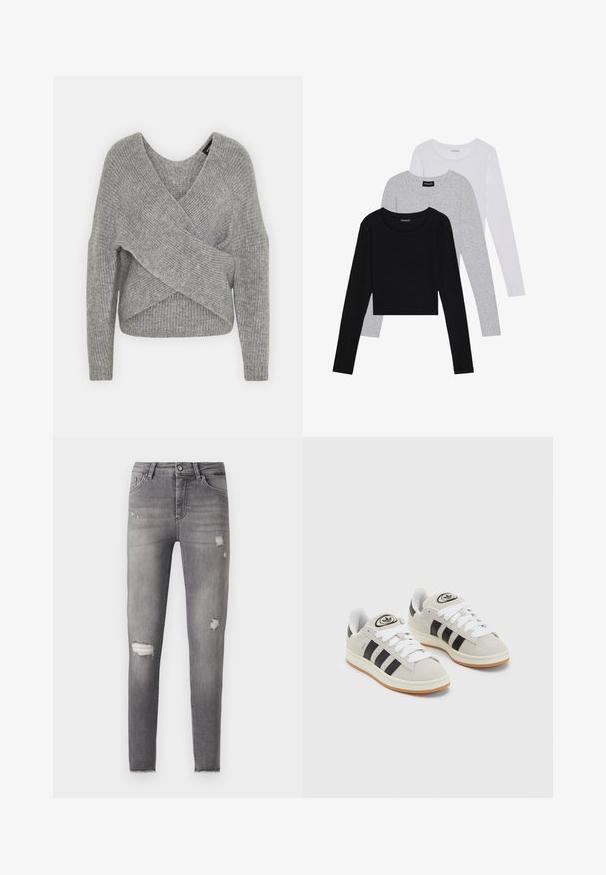 Hallide hallhargus, sügava V-kaelusega, pikkade varrukatega ja ribatrepiga. Valmistatud pehmest kudumismetallist, millel on kihiline, asümmeetriline disain.; Kolm pikkade varrukatega toppi, mis on üksteise peale asetatud: must, hall ja valge. Igal ühel on ümar kaelus ja lühike disain, valmistatud siledast, kergekaalulisest kangast.; Kitsad teksad pleekinud hallist denimist, millel on mõlemal põlvel kulumisavad ja veidi spetsiaalne äär. Klassikaline 5-tasku disain.; Hallid hallid nahkrennid valgete paeltega, mustade triipudega ja valge kummitaldiga. Omab ümmargust logo keeles ja kummitalda.