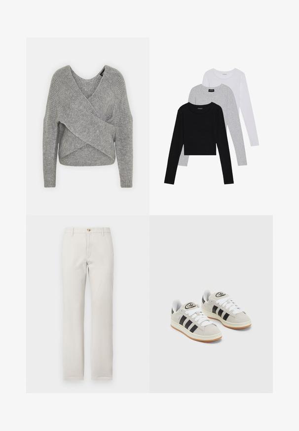 Sivý cardigan s hlbokým V- výstrihom, dlhými rukávmi a rebrovanou textúrou. Vyrobený z mäkkého pleteného materiálu s viacvrstvovým, asymetrickým dizajnom.; Tričko s dlhým rukávom v troch farbách: čiernej, sivej a bielej. Každé má okrúhly výstrih a skrátený strih vyrobený z hladkej, ľahkej tkaniny.; Rovné béžové nohavice s pútkami na opasok, predným zapínaním na gombík a zipsom na pozadí čistej bielej farby.; Sivé semišové tenisky s bielymi šnúrkami, čiernymi pruhmi a bielou gumovou podrážkou. Obsahujú okrúhly logo na jazyku a gumenú podrážku.