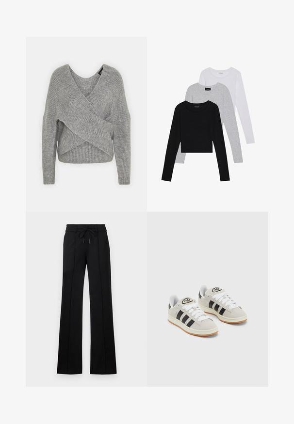 Pull en gris avec un col en V profond, des manches longues et une texture côtelée. Fabriqué en matériau tricoté doux avec un design asymétrique superposé.; Trois hauts à manches longues empilés : noir, gris et blanc. Chacun a un col rond et un design court avec un tissu lisse et léger.; Pantalons noirs sur mesure avec taille à cordon de serrage. Présentent une coupe droite, deux coutures avant et un tissu lisse avec un léger éclat.; Baskets en suède gris avec des lacets blancs, des rayures noires et une semelle en caoutchouc blanc. Présentent un logo circulaire sur la languette et une semelle en gomme.