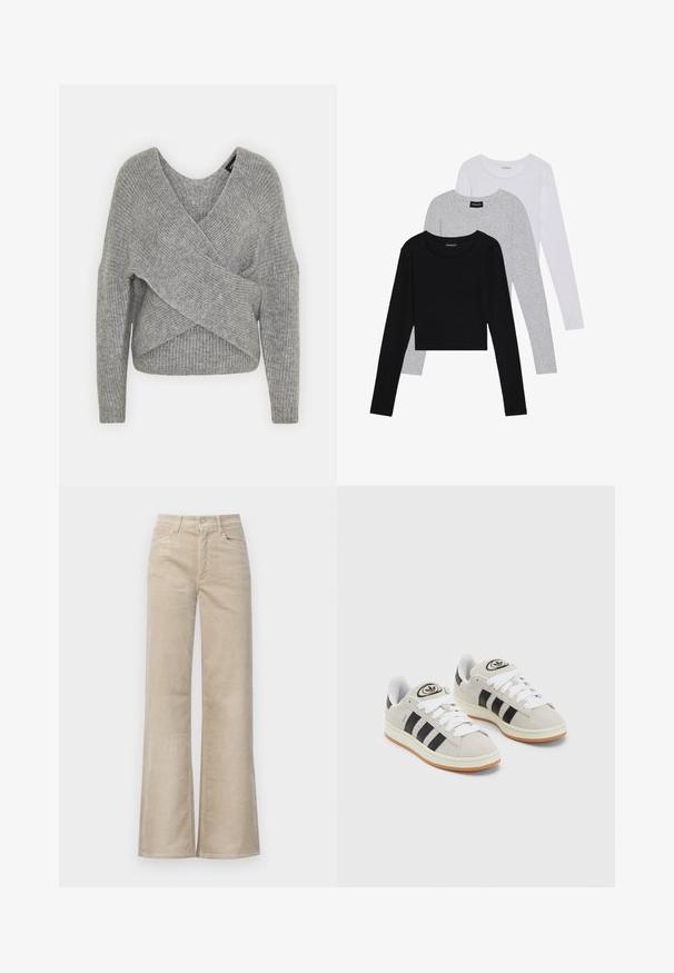 Gray wrap sweater with a deep V-neck, long sleeves, and ribbed texture. Made from a soft knit material with a layered, asymmetrical design.; Three long-sleeve tops stacked: black, grey, and white. Each has a round neckline and a cropped design with smooth, lightweight fabric.; Beige high-waist wide-leg corduroy trousers with front pockets, belt loops, and a metal button closure.; Gray suede sneakers with white laces, black stripes, and a white rubber sole. Features a circular logo on the tongue and a gum sole.