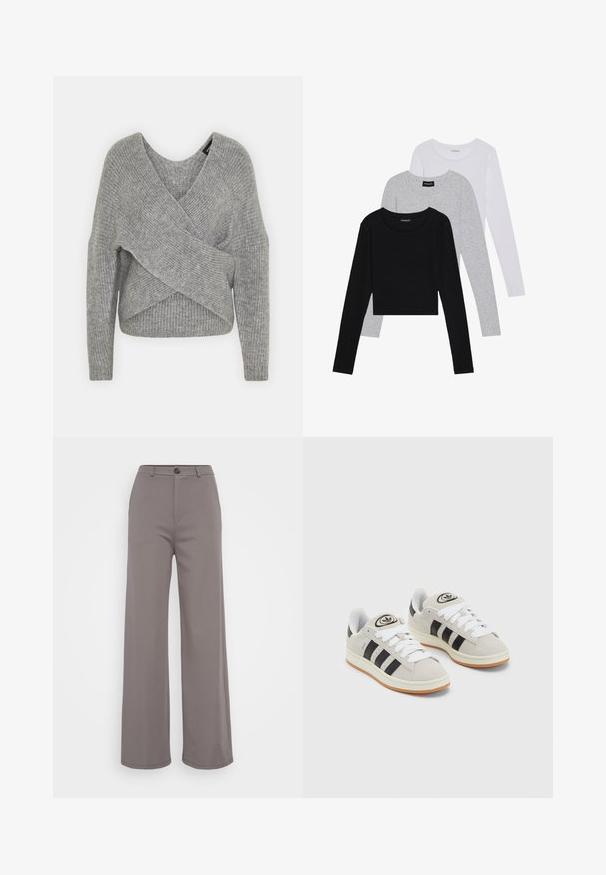 Pullover griș cu un decolteu adânc în V, mâneci lungi și textură cu ochiuri. Fabricat dintr-un material tricotat moale, cu un design stratificat și asimetric.; Trei bluze cu mânecă lungă așezate: neagră, gri și albă. Fiecare are un guler rotund și un design scurt, realizat dintr-un material fin și ușor.; Pantaloni largi dintr-o țesătură moale de culoare gri. Prezintă un sistem de închidere cu nasture și cusături curate. Textură netedă, fără modele vizibile sau ornamente.; Adidași din suede gri cu șireți albi, dungi negre și talpă din cauciuc alb. Prezintă un logo circular pe limbă și o talpă din cauciuc.