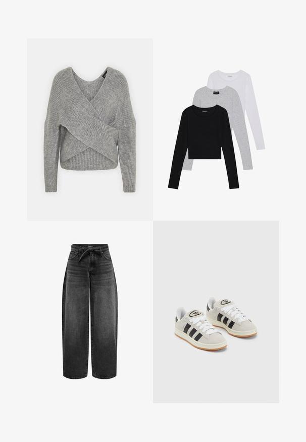 Maglione avvolgente grigio con scollatura a V profonda, maniche lunghe e texture a coste. Realizzato in un morbido materiale in maglia con un design asimmetrico a strati.; Tre magliette a maniche lunghe impilate: nera, grigia e bianca. Ognuna ha un colletto rotondo e un design accorciato con tessuto morbido e leggero.; ONLY MIT WEITEM BEIN ONLGIANNA MITTLERE TAILLE BALLON SCHNITT - Jeans a sigaretta - washed black; Sneakers in suede grigio con lacci bianchi, strisce nere e suola in gomma bianca. Presentano un logo circolare sulla linguetta e una suola in gomma.
