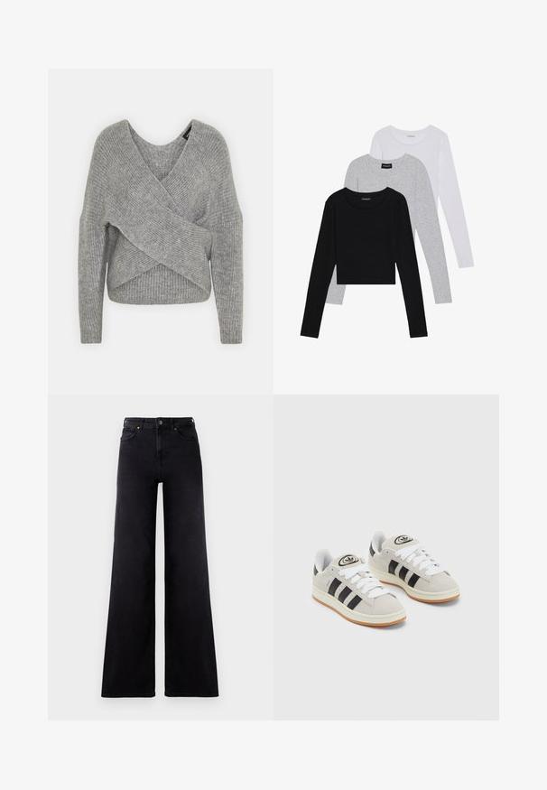 Suéter gris envolvente con un profundo escote en V, mangas largas y textura acanalada. Fabricado con un material de punto suave y un diseño asimétrico en capas.; Tres camisetas de manga larga apiladas: negra, gris y blanca. Cada una tiene un escote redondo y un diseño recortado con una tela suave y ligera.; Pantalones vaqueros de pierna ancha negros de talle alto con bolsillos frontales, pasadores para cinturón y cierre de botón.; Zapatillas de ante gris con cordones blancos, rayas negras y suela de goma blanca. Presentan un logo circular en la lengüeta y una suela de goma.
