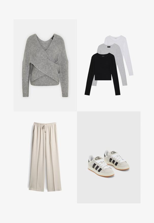 Maglione avvolgente grigio con scollatura a V profonda, maniche lunghe e texture a coste. Realizzato in un morbido materiale in maglia con un design asimmetrico a strati.; Tre magliette a maniche lunghe impilate: nera, grigia e bianca. Ognuna ha un colletto rotondo e un design accorciato con tessuto morbido e leggero.; Pantaloni a gamba larga beige realizzati in un tessuto leggero e morbido. Presentano una vita elasticizzata con coulisse e tasche laterali.; Sneakers in suede grigio con lacci bianchi, strisce nere e suola in gomma bianca. Presentano un logo circolare sulla linguetta e una suola in gomma.