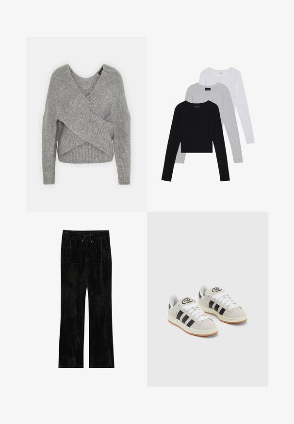 Grau umwickelter Pullover mit tiefem V-Ausschnitt, langen Ärmeln und gerippter Textur. Hergestellt aus einem weichen Strickmaterial mit einem geschichteten, asymmetrischen Design.; Drei langärmelige Oberteile gestapelt: schwarz, grau und weiß. Jedes hat einen runden Halsausschnitt und ein kurzes Design aus glattem, leichtem Stoff.; Schwarze Velourhosen mit samtiger Textur, weitem Bein-Design, elastischem Taillenbund, Kordelzugverschluss und zwei vorderen Taschen.; Graue Wildledersneaker mit weißen Schnürsenkeln, schwarzen Streifen und einer weißen Gummisohle. Merkmale sind ein kreisförmiges Logo auf der Zunge und eine Gummisohle.