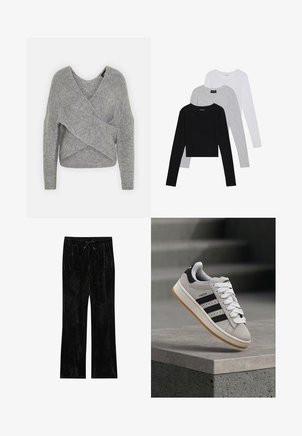 Grijze wikkeltrui met een diepe V-hals, lange mouwen en ribbelstructuur. Gemaakt van een zachte gebreide stof met een gelaagd, asymmetrisch ontwerp.; Drie langmouwige tops gestapeld: zwart, grijs en wit. Elke top heeft een ronde halslijn en een cropped ontwerp van soepel, lichtgewicht materiaal.; Zwarte velours broek met een zachte textuur, wijde pijpen, elastische tailleband, koordsluiting en twee voorzakken.; Grijze Adidas Campus sneaker met zwarte strepen en witte veter, zwevend boven een betonnen richel met trappen op de achtergrond.