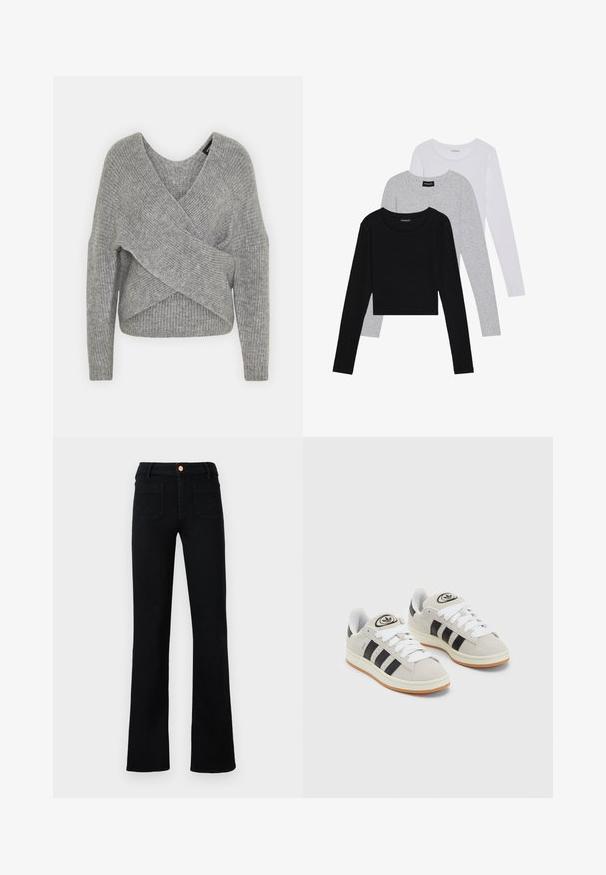 Sivý cardigan s hlbokým V- výstrihom, dlhými rukávmi a rebrovanou textúrou. Vyrobený z mäkkého pleteného materiálu s viacvrstvovým, asymetrickým dizajnom.; Tričko s dlhým rukávom v troch farbách: čiernej, sivej a bielej. Každé má okrúhly výstrih a skrátený strih vyrobený z hladkej, ľahkej tkaniny.; Čierne nohavice s vysokým pásom a rovnými nohavicami, s prednými vreckami a meďou sponou na neutrálnom pozadí.; Sivé semišové tenisky s bielymi šnúrkami, čiernymi pruhmi a bielou gumovou podrážkou. Obsahujú okrúhly logo na jazyku a gumenú podrážku.