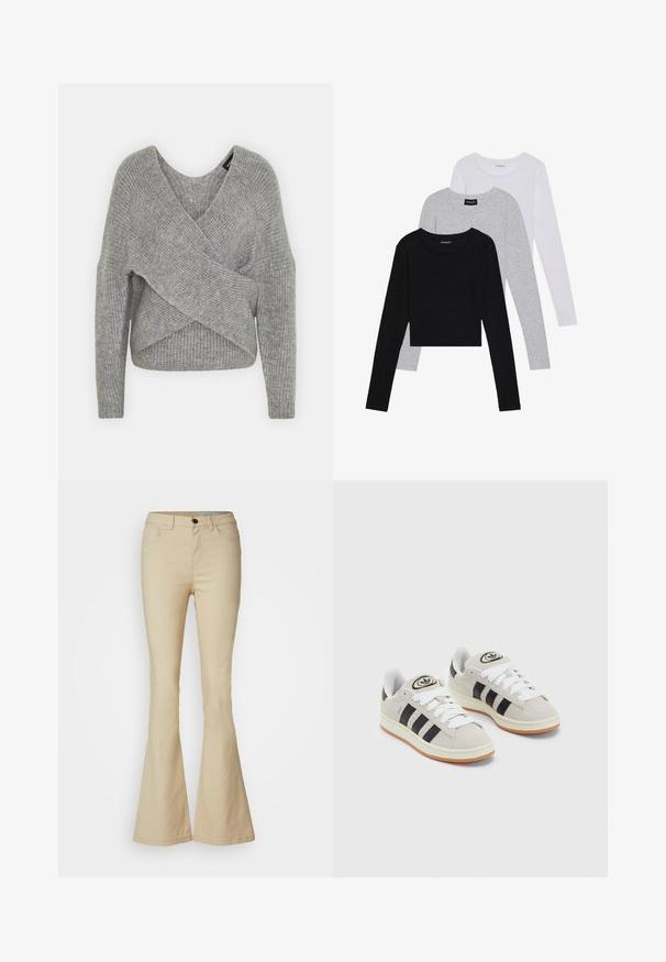 Hallide hallhargus, sügava V-kaelusega, pikkade varrukatega ja ribatrepiga. Valmistatud pehmest kudumismetallist, millel on kihiline, asümmeetriline disain.; Kolm pikkade varrukatega toppi, mis on üksteise peale asetatud: must, hall ja valge. Igal ühel on ümar kaelus ja lühike disain, valmistatud siledast, kergekaalulisest kangast.; Beežid flared teksad, mis on valmistatud puuvilla segukangast. Kõrge vöökoht, viis taskut, esiklahv ja sile tekstuur.; Hallid hallid nahkrennid valgete paeltega, mustade triipudega ja valge kummitaldiga. Omab ümmargust logo keeles ja kummitalda.