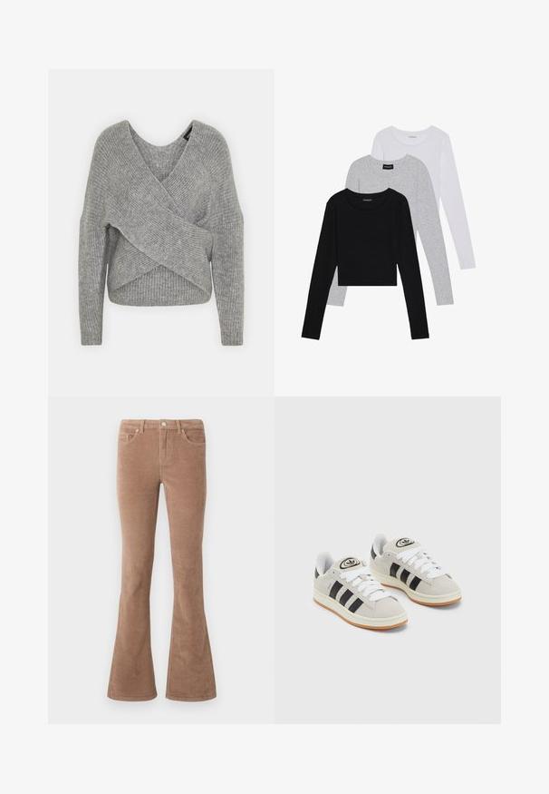 Pilkas aptraukiamas megztinis su giliu V formos iškirpimu, ilgomis rankovėmis ir riešutiniu tekstūru. Pagamintas iš minkštos megztos medžiagos su sluoksniuota, asimetrine konstrukcija.; Trijų ilgomis rankovėmis marškinėlių krūva: juodas, pilkas ir baltas. Kiekvienas turi apvalų iškirpimą ir trumpą dizainą, pagamintas iš lygaus, lengvo audinio.; Rudos aksominius platėjančius kelnių, turinčius tekstūrinį paviršių, su penkiais kišenėmis, mygtukų užtrauktuku ir diržo kilpomis.; Grynos zomšos sneakeriai su baltais raišteliais, juodomis juostelėmis ir balta gumine sole. Turintys apskritą logotipą ant liežuvėlio ir guminę sole.