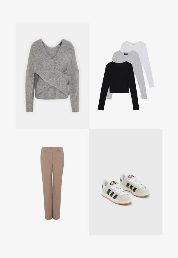 Grau umwickelter Pullover mit tiefem V-Ausschnitt, langen Ärmeln und gerippter Textur. Hergestellt aus einem weichen Strickmaterial mit einem geschichteten, asymmetrischen Design.; Drei langärmelige Oberteile gestapelt: schwarz, grau und weiß. Jedes hat einen runden Halsausschnitt und ein kurzes Design aus glattem, leichtem Stoff.; Beige Hosen mit geradem Bein, ausgestattet mit einem einzigen Knopfverschluss und einer glatten Textur. Keine sichtbaren Muster oder Akzente.; Graue Wildledersneaker mit weißen Schnürsenkeln, schwarzen Streifen und einer weißen Gummisohle. Merkmale sind ein kreisförmiges Logo auf der Zunge und eine Gummisohle.