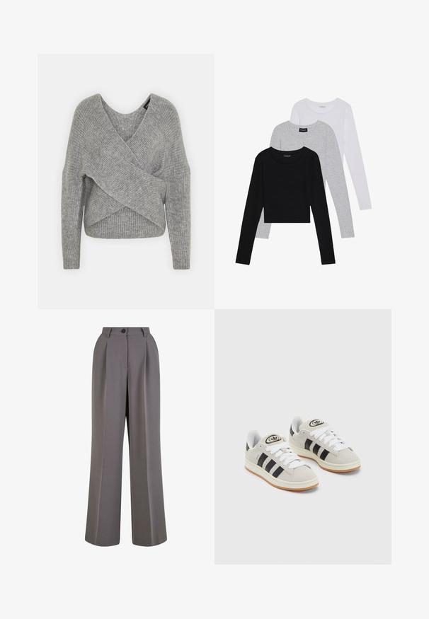 Maglione avvolgente grigio con scollatura a V profonda, maniche lunghe e texture a coste. Realizzato in un morbido materiale in maglia con un design asimmetrico a strati.; Tre magliette a maniche lunghe impilate: nera, grigia e bianca. Ognuna ha un colletto rotondo e un design accorciato con tessuto morbido e leggero.; Pantaloni a gamba larga in tessuto grigio, caratterizzati da pince frontali, chiusura con un bottone e tasche laterali. Texture liscia e design su misura.; Sneakers in suede grigio con lacci bianchi, strisce nere e suola in gomma bianca. Presentano un logo circolare sulla linguetta e una suola in gomma.