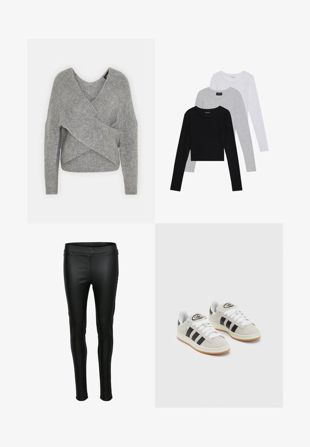 Szary sweter o luźnym kroju z głębokim dekoltem w kształcie litery V, długimi rękawami i prążkowaną teksturą. Wykonany z miękkiego materiału dzianinowego z warstwowym, asymetrycznym wzorem.; Trzy bluzki z długim rękawem ułożone jedna na drugiej: czarna, szara i biała. Każda z okrągłym dekoltem i skróconym fasonem, wykonana z gładkiego, lekkiego materiału.; Czarne legginsy z ekoskóry o gładkiej fakturze, dopasowanym kroju i elastycznym pasie. Minimalne przeszycia i brak kieszeni.; Szare zamszowe trampki z białymi sznurówkami, czarnymi paskami i białą gumową podeszwą. Posiadają okrągłe logo na języku oraz gumową podeszwę.