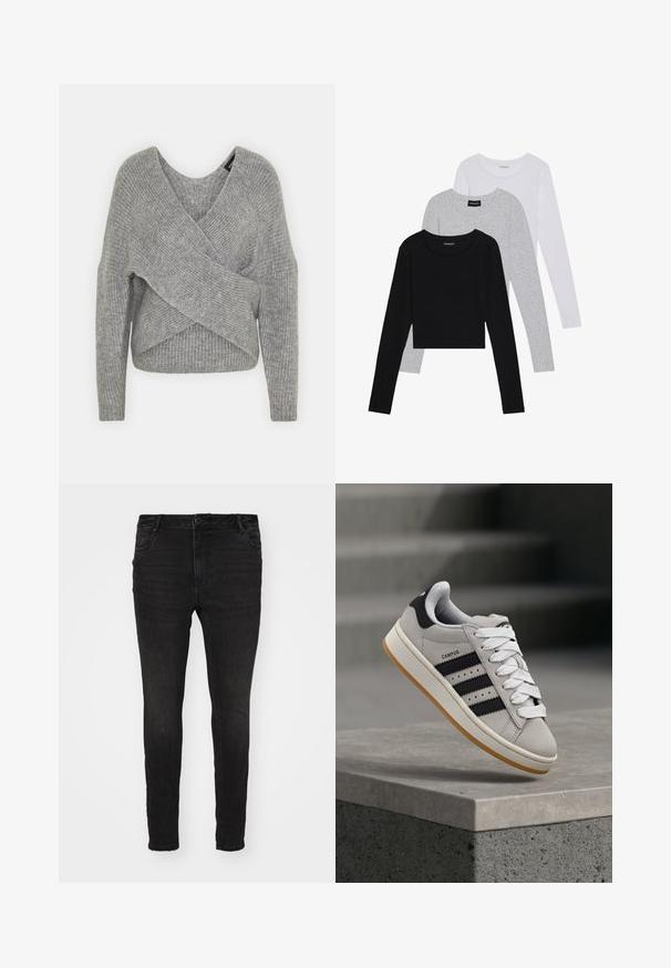 Pelēka apvalka džemperis ar dziļu V veida kakla izgriezumu, garām piedurknēm un ribu tekstūru. Izgatavots no mīksta adījuma materiāla ar slāņotu, asimetrisku dizainu.; Trīs garām piedurknēm veidotas augšdaļas, sakrautās: melna, pelēka un balta. Katram ir noapaļots kakla izgriezums un īsa dizaina forma ar gludu, vieglu audumu.; Vero Moda Curve VMCFLASH SKINNY - Džegingi - black denim; Pelēks Adidas Campus sporta apavu modelis ar melnām svītrām un baltām šņorēm, kas plivinās virs betona apmales ar kāpnēm fonā.