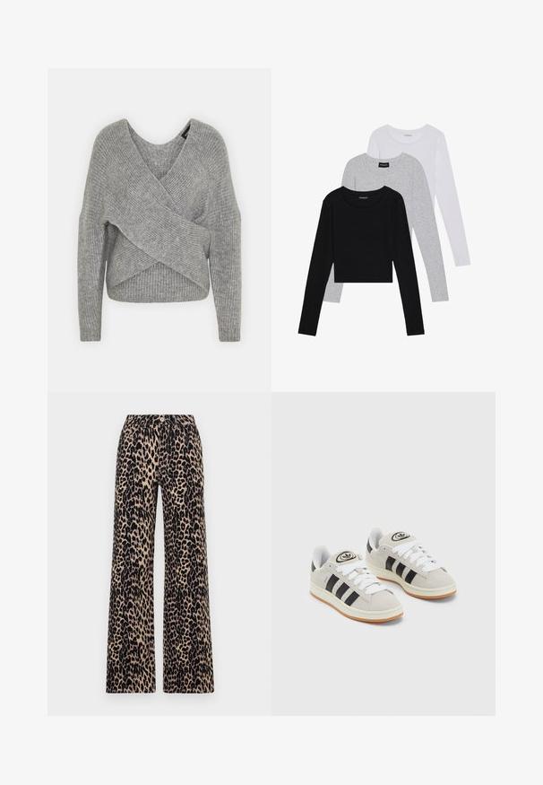 Szürke, mély V kivágású, hosszú ujjú kötött pulóver, bordás textúrával. Puha kötött anyagból készült, réteges, aszimmetrikus dizájnnal.; Három hosszú ujjú póló egymásra rakva: fekete, szürke és fehér. Mindegyiknek kerek nyaka van, és rövidített fazonnal rendelkezik, sima, könnyű anyagból készült.; Leopárdmintás, bézs háttérrel és fekete foltokkal díszített, bővülő szárú nadrág, klasszikus gomb- és cipzárzáródással.; Szürke velúr sportcipők fehér fűzővel, fekete csíkokkal és fehér gumitalppal. A nyelvén kör alakú logó található, illetve a talpa színes gumi.