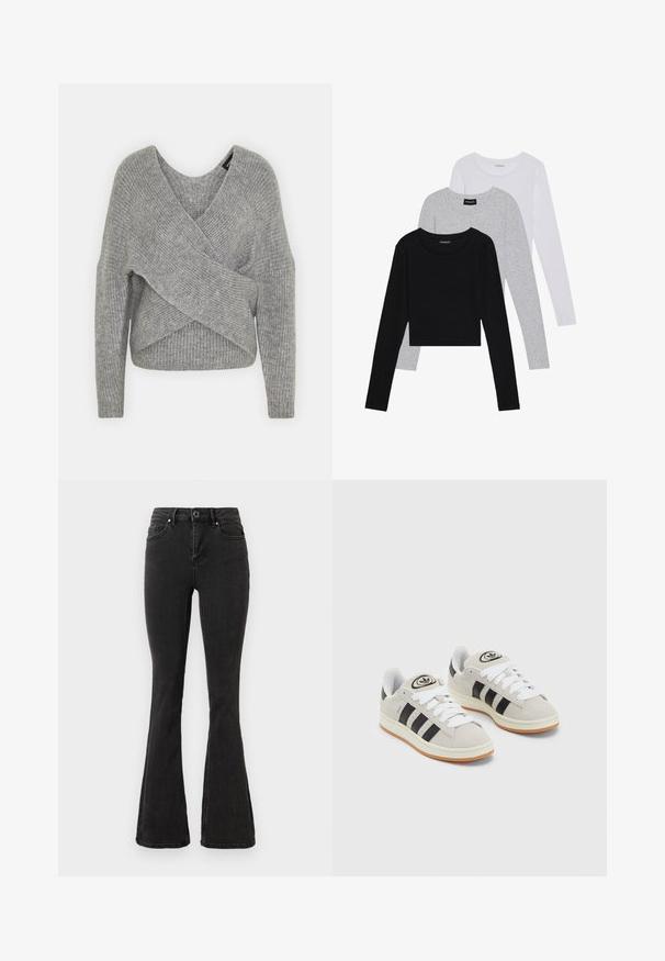 Pull en gris avec un col en V profond, des manches longues et une texture côtelée. Fabriqué en matériau tricoté doux avec un design asymétrique superposé.; Trois hauts à manches longues empilés : noir, gris et blanc. Chacun a un col rond et un design court avec un tissu lisse et léger.; Jean flare noir taille haute avec bouton et fermeture éclair à l'avant, poches avant et arrière, présenté sur un fond blanc.; Baskets en suède gris avec des lacets blancs, des rayures noires et une semelle en caoutchouc blanc. Présentent un logo circulaire sur la languette et une semelle en gomme.