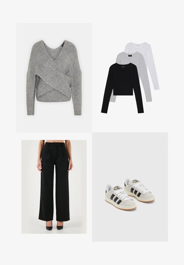 Grijze wikkeltrui met een diepe V-hals, lange mouwen en ribbelstructuur. Gemaakt van een zachte gebreide stof met een gelaagd, asymmetrisch ontwerp.; Drie langmouwige tops gestapeld: zwart, grijs en wit. Elke top heeft een ronde halslijn en een cropped ontwerp van soepel, lichtgewicht materiaal.; Zwarte wijde broek gemaakt van gladde stof. Kenmerkt zich door een hoge taille, voorplooien en een dubbele knoopsluiting. Ontworpen voor een ontspannen pasvorm.; Grijze nubucklederen sneakers met witte veters, zwarte strepen en een witte rubberen zool. Bevat een rond logo op de tong en een gumzool.