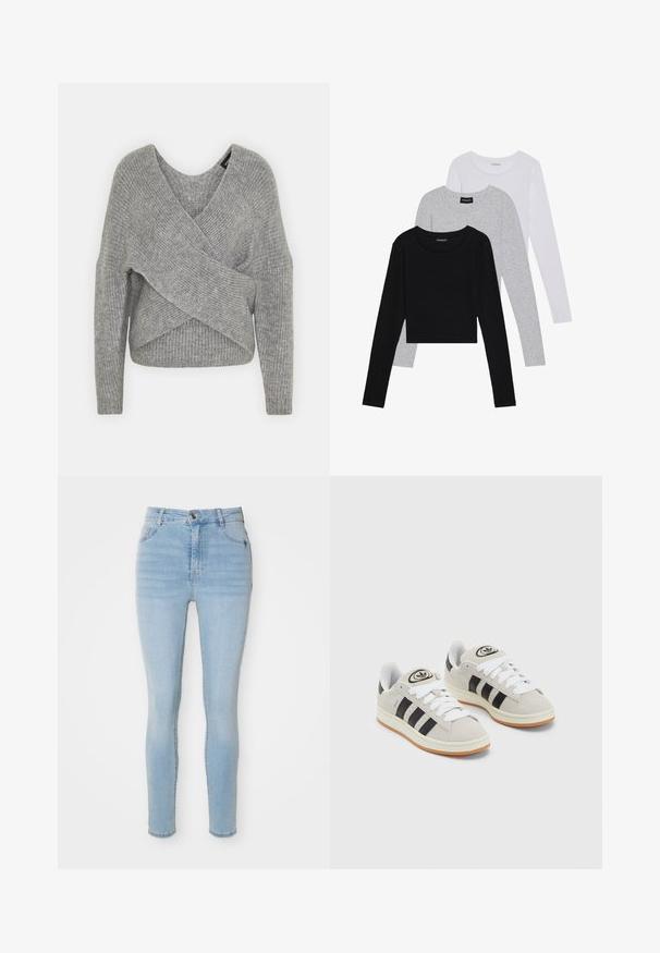 Suéter cinza envolvente com um decote em V profundo, mangas longas e textura canelada. Feito de um material de malha suave com um design assimétrico em camadas.; Três camisetas de manga longa empilhadas: preta, cinza e branca. Cada uma tem um decote redondo e um design cropped, feitas de um tecido leve e suave.; Jeans skinny de cintura alta em azul claro, feitos de denim, com fecho frontal por botão, cinco bolsos e design justo.; Tênis de camurça cinza com atacadores brancos, riscas pretas e uma sola de borracha branca. Apresenta um logótipo circular na língua e uma sola de borracha.