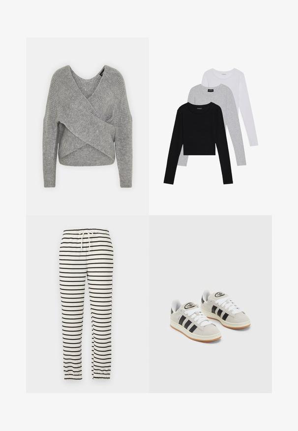 Grijze wikkeltrui met een diepe V-hals, lange mouwen en ribbelstructuur. Gemaakt van een zachte gebreide stof met een gelaagd, asymmetrisch ontwerp.; Drie langmouwige tops gestapeld: zwart, grijs en wit. Elke top heeft een ronde halslijn en een cropped ontwerp van soepel, lichtgewicht materiaal.; Gestreepte broek van zachte stof, met horizontale zwarte strepen op een roomwitte achtergrond. Elastische tailleband met trekkoord en taps toelopende boorden.; Grijze nubucklederen sneakers met witte veters, zwarte strepen en een witte rubberen zool. Bevat een rond logo op de tong en een gumzool.