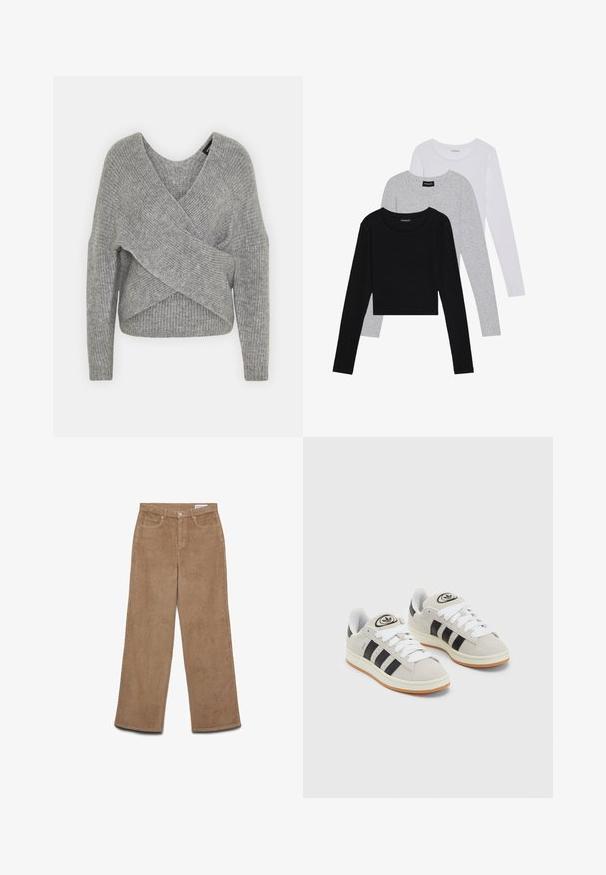 Hallide hallhargus, sügava V-kaelusega, pikkade varrukatega ja ribatrepiga. Valmistatud pehmest kudumismetallist, millel on kihiline, asümmeetriline disain.; Kolm pikkade varrukatega toppi, mis on üksteise peale asetatud: must, hall ja valge. Igal ühel on ümar kaelus ja lühike disain, valmistatud siledast, kergekaalulisest kangast.; Laiad säärega triibulised püksid pruunis värvitoonis. Iseloomustab tekstuurse kangaga materjal, viis taskut ja nööpidega kinnis. Otse lõikega puusast alumise ääreni.; Hallid hallid nahkrennid valgete paeltega, mustade triipudega ja valge kummitaldiga. Omab ümmargust logo keeles ja kummitalda.