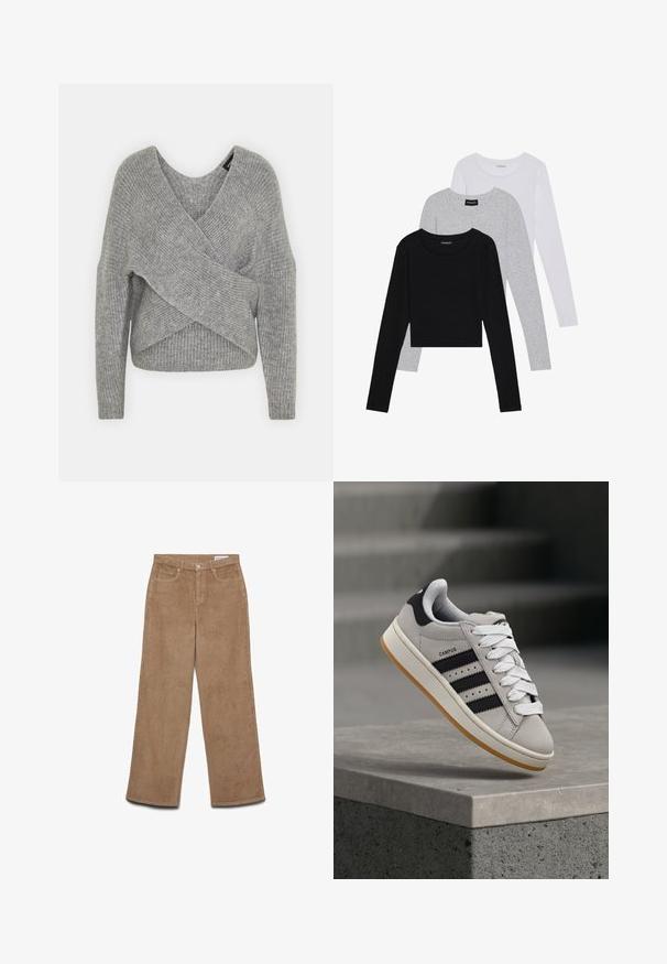 Grijze wikkeltrui met een diepe V-hals, lange mouwen en ribbelstructuur. Gemaakt van een zachte gebreide stof met een gelaagd, asymmetrisch ontwerp.; Drie langmouwige tops gestapeld: zwart, grijs en wit. Elke top heeft een ronde halslijn en een cropped ontwerp van soepel, lichtgewicht materiaal.; Corduroy broek met wijde pijpen in bruin. Beschikt over een gestructureerde stof, vijf zakken en een knoopsluiting. Rechte snit van heup tot zoom.; adidas Originals CAMPUS 00S W - Sneakers laag - crystal white/core black/off white