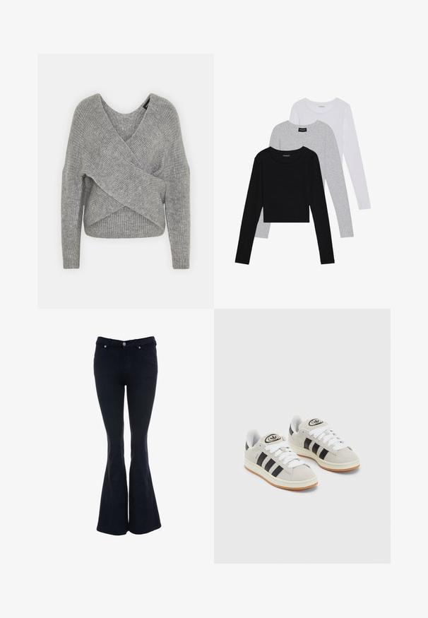 Suéter gris envolvente con un profundo escote en V, mangas largas y textura acanalada. Fabricado con un material de punto suave y un diseño asimétrico en capas.; Tres camisetas de manga larga apiladas: negra, gris y blanca. Cada una tiene un escote redondo y un diseño recortado con una tela suave y ligera.; Vaqueros oscuros de corte acampanado hechos de mezclilla, con una cintura alta, diseño de cinco bolsillos y cierre de botón con remaches plateados.; Zapatillas de ante gris con cordones blancos, rayas negras y suela de goma blanca. Presentan un logo circular en la lengüeta y una suela de goma.