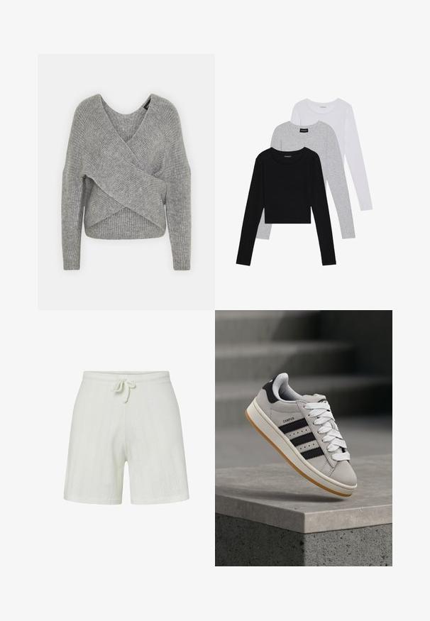 Grå indpakningssweater med dyb V-udskæring, lange ærmer og ribbet tekstur. Fremstillet i et blødt strikkemateriale med et lagdelt, asymmetrisk design.; Tre langærmede toppe stablet: sort, grå og hvid. Hver har en rund halsudskæring og et cropped design med glat, let stof.; Hvide strikkede shorts med elastisk talje og snøre. Har teksturerede striber og en afslappet pasform. Blødt stof for komfort.; Grå Adidas Campus-sneaker med sorte striber og hvide snørebånd, der svæver over en betonkant med trapper i baggrunden.