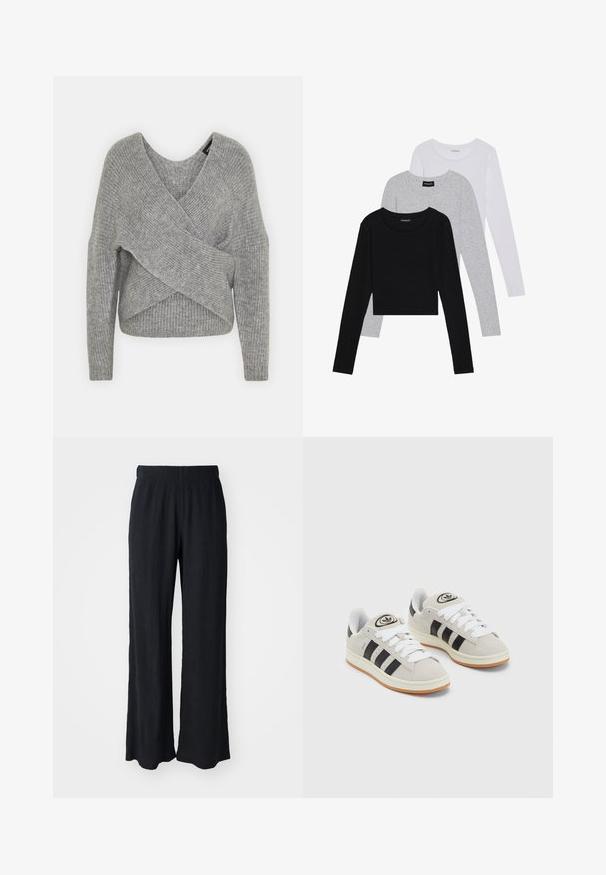 Pullover griș cu un decolteu adânc în V, mâneci lungi și textură cu ochiuri. Fabricat dintr-un material tricotat moale, cu un design stratificat și asimetric.; Trei bluze cu mânecă lungă așezate: neagră, gri și albă. Fiecare are un guler rotund și un design scurt, realizat dintr-un material fin și ușor.; Pantaloni negri, cu croi larg, fabricate dintr-un material texturat, cu un cordon elastic la talie. Prezintă o croială relaxată și un design moale, fluid.; Adidași din suede gri cu șireți albi, dungi negre și talpă din cauciuc alb. Prezintă un logo circular pe limbă și o talpă din cauciuc.