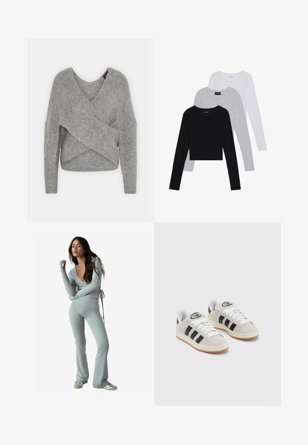Pullover griș cu un decolteu adânc în V, mâneci lungi și textură cu ochiuri. Fabricat dintr-un material tricotat moale, cu un design stratificat și asimetric.; Trei bluze cu mânecă lungă așezate: neagră, gri și albă. Fiecare are un guler rotund și un design scurt, realizat dintr-un material fin și ușor.; Bluză lungă de culoare gri deschis, cu mânecă lungă, de tip wrap, cu decolteu adânc în V și curea ajustabilă în talie, asortată cu pantaloni evazați dintr-un material moale și elastic.; Adidași din suede gri cu șireți albi, dungi negre și talpă din cauciuc alb. Prezintă un logo circular pe limbă și o talpă din cauciuc.