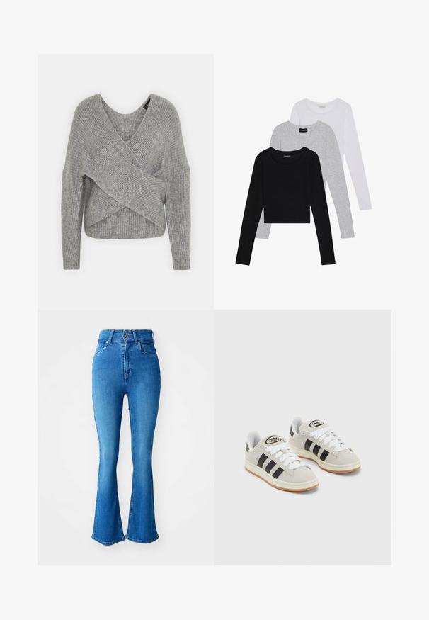 Siva omotana vestica s dubokim V-izrezom, dugim rukavima i rebrastom teksturom. Izrađena od mekog pletenog materijala s slojevitim, asimetričnim dizajnom.; Tri dugih rukava posložena: crna, siva i bijela. Svaka ima okrugli izrez i skrateni kroj s glatkom, laganom tkaninom.; Traperice visoki struk u plavoj boji s raširenim donjim dijelom, s dvostrukim kopčanjem, pet džepova i glatkim, teksturiranim završetkom.; Sive suede tenisice s bijelim vezicama, crnim prugama i bijelim gumiranim potplatom. Imaju kružni logo na jeziku i gumeni potplat.