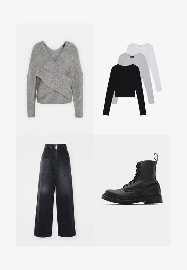 Γκρι ζακέτα με βαθύ V-λαιμό, μακριά μανίκια και ριμπ υφή. Κατασκευασμένη από μαλακό πλεκτό υλικό με επίπεδη, ασύμμετρη σχεδίαση.; Τρία μπλουζάκια με μακριά μανίκια τοποθετημένα το ένα πάνω στο άλλο: μαύρο, γκρι και άσπρο. Κάθε μπλούζα έχει στρογγυλή λαιμόκοψη και cropped σχέδιο, κατασκευασμένη από απαλό, ελαφρύ ύφασμα.; Μαύρα φαρδιά τζιν παντελόνια με ψηλή μέση, φτιαγμένα από τζιν. Διαθέτουν μπροστινό φερμουάρ και δύο πλευρικές τσέπες, με ελαφρώς θαμπή υφή.; Μαύρη δερμάτινη στρατιωτική μπότα με στρογγυλή μύτη, κορδόνια στο εμπρός μέρος και λαβή στον αστράγαλο. Διαθέτει παχύ λάστιχο στη σόλα για αντοχή.