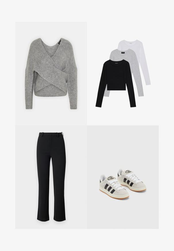 Grijze wikkeltrui met een diepe V-hals, lange mouwen en ribbelstructuur. Gemaakt van een zachte gebreide stof met een gelaagd, asymmetrisch ontwerp.; Drie langmouwige tops gestapeld: zwart, grijs en wit. Elke top heeft een ronde halslijn en een cropped ontwerp van soepel, lichtgewicht materiaal.; Zwarte broek van een gladde, rekbare stof, met een aansluitende taille, riemlussen en licht uitlopende benen met zijsplits.; Grijze nubucklederen sneakers met witte veters, zwarte strepen en een witte rubberen zool. Bevat een rond logo op de tong en een gumzool.