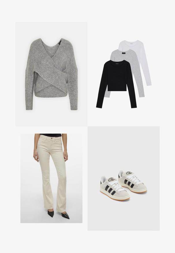 Gray wrap sweater with a deep V-neck, long sleeves, and ribbed texture. Made from a soft knit material with a layered, asymmetrical design.; Three long-sleeve tops stacked: black, grey, and white. Each has a round neckline and a cropped design with smooth, lightweight fabric.; Cream-colored flared pants made of stretchy cotton blend. Features standard five-pocket styling and a front button closure.; Gray suede sneakers with white laces, black stripes, and a white rubber sole. Features a circular logo on the tongue and a gum sole.