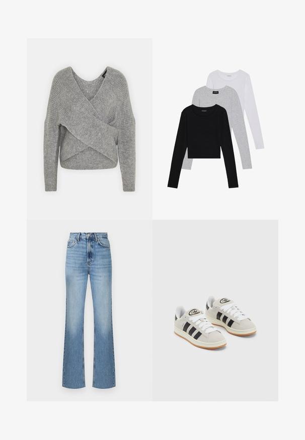 Pilkas aptraukiamas megztinis su giliu V formos iškirpimu, ilgomis rankovėmis ir riešutiniu tekstūru. Pagamintas iš minkštos megztos medžiagos su sluoksniuota, asimetrine konstrukcija.; Trijų ilgomis rankovėmis marškinėlių krūva: juodas, pilkas ir baltas. Kiekvienas turi apvalų iškirpimą ir trumpą dizainą, pagamintas iš lygaus, lengvo audinio.; Šviesiai mėlynos džinsinės platėjančios kelnės su aukštu liemeniu, su priekiniu mygtukų užsegimu, ryškiu siuvimu ir šiek tiek apdulkinta tekstūra.; Grynos zomšos sneakeriai su baltais raišteliais, juodomis juostelėmis ir balta gumine sole. Turintys apskritą logotipą ant liežuvėlio ir guminę sole.