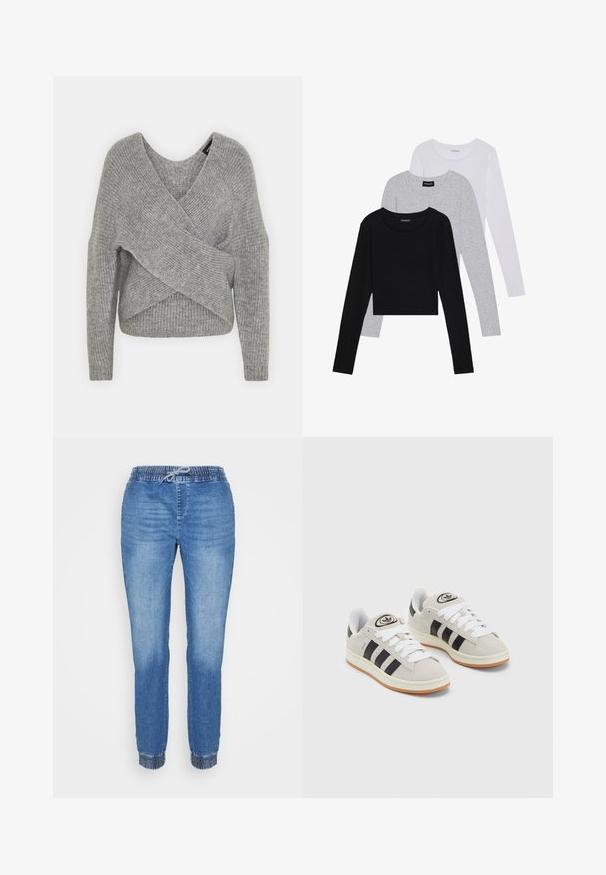 Suéter cinza envolvente com um decote em V profundo, mangas longas e textura canelada. Feito de um material de malha suave com um design assimétrico em camadas.; Três camisetas de manga longa empilhadas: preta, cinza e branca. Cada uma tem um decote redondo e um design cropped, feitas de um tecido leve e suave.; Calças de ganga azul claro com cintura elástica e cordão. Pernas estreitas com punhos franzidos nos tornozelos. Textura suave, sem padrões visíveis.; Tênis de camurça cinza com atacadores brancos, riscas pretas e uma sola de borracha branca. Apresenta um logótipo circular na língua e uma sola de borracha.