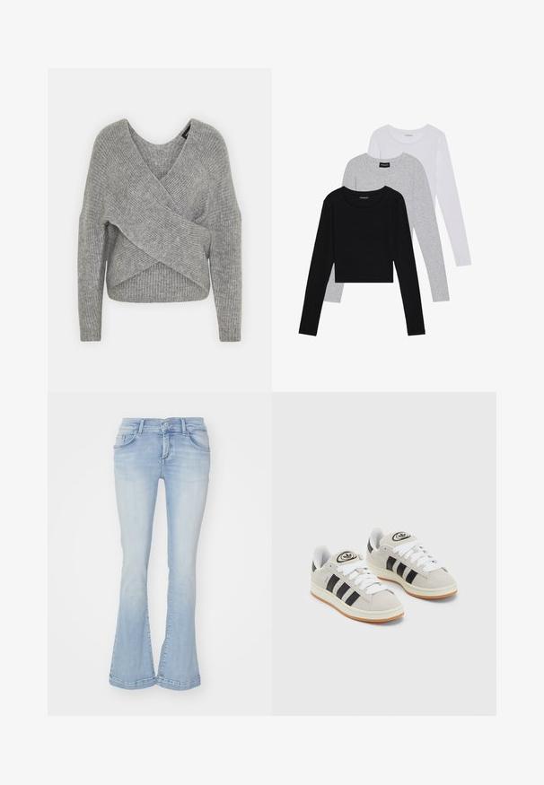 Gray wrap sweater with a deep V-neck, long sleeves, and ribbed texture. Made from a soft knit material with a layered, asymmetrical design.; Three long-sleeve tops stacked: black, grey, and white. Each has a round neckline and a cropped design with smooth, lightweight fabric.; Light blue flared jeans in denim fabric with five pockets, belt loops, and visible stitching on the hem. Smooth texture with slight fading.; Gray suede sneakers with white laces, black stripes, and a white rubber sole. Features a circular logo on the tongue and a gum sole.