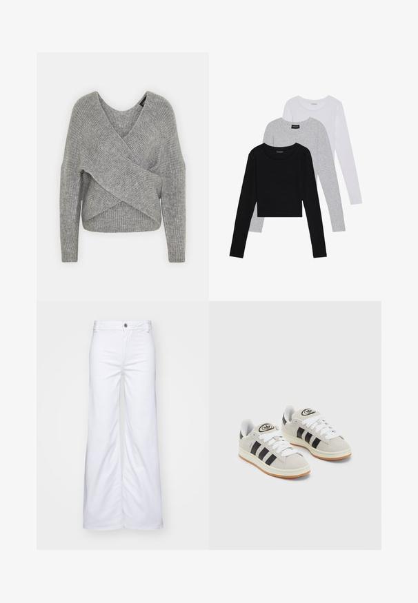Grå indpakningssweater med dyb V-udskæring, lange ærmer og ribbet tekstur. Fremstillet i et blødt strikkemateriale med et lagdelt, asymmetrisk design.; Tre langærmede toppe stablet: sort, grå og hvid. Hver har en rund halsudskæring og et cropped design med glat, let stof.; Hvide bredde benbukser lavet af denim, med knaplukning og bæltestropper. Glat tekstur med ren syning og uden mønstre.; Grå ruskinds sneakers med hvide snørebånd, sorte striber og en hvid gummisål. Har et rundt logo på tungen og en gummisål.